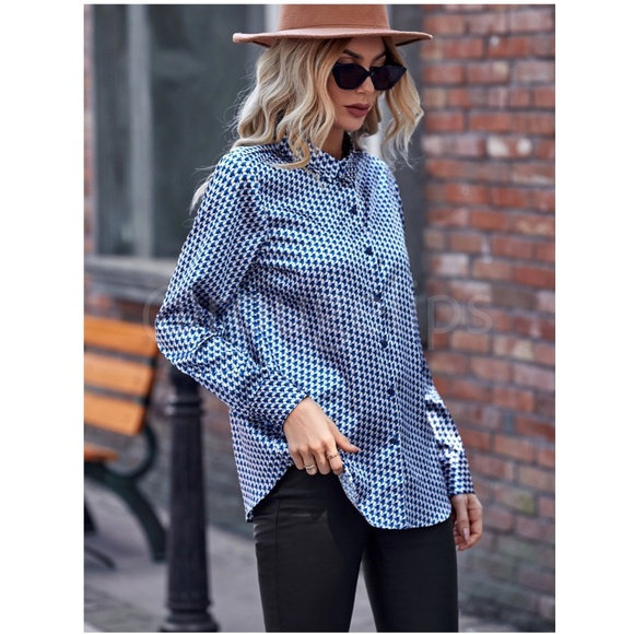 Blue Casual Satin Printed Button Up / Down Shirt Long Sleeve Collar - Picture 6 of 8